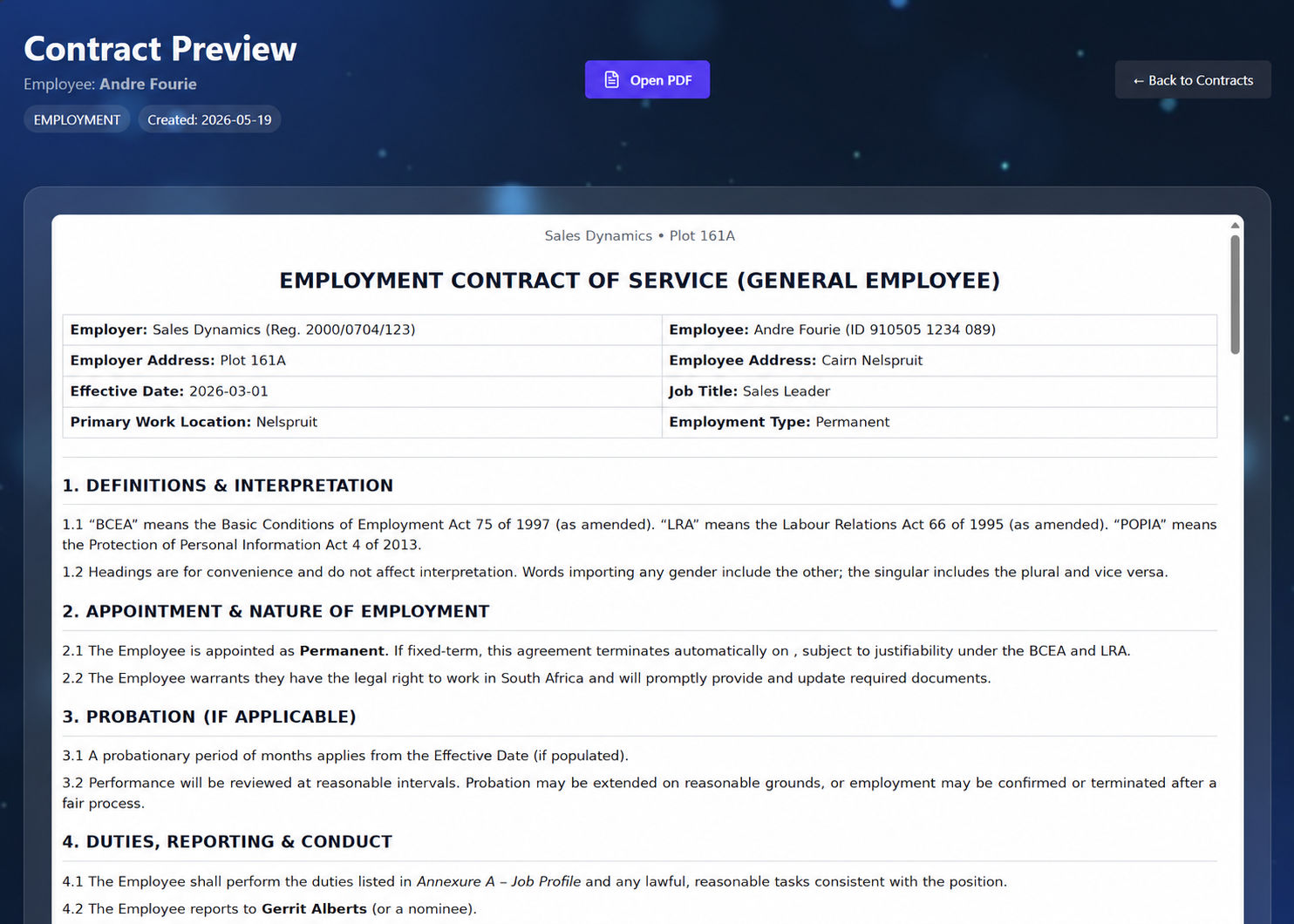 Digital employment contract editor screenshot